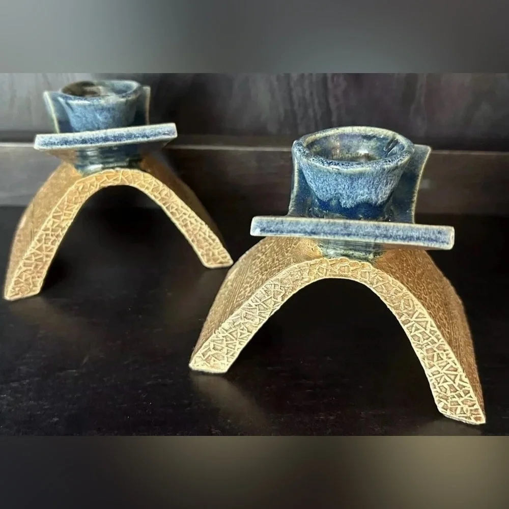 Candlestick Holders 2 Glazed Crafted For Tapers Blue Brown Artisy MCM Signed AG